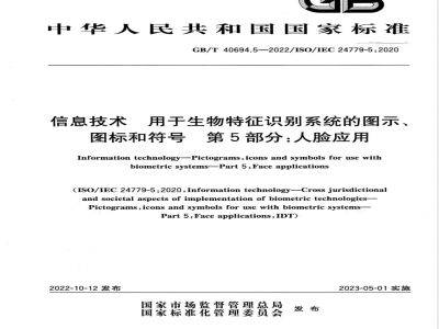 GB/T 40694.5-2022信息技术 用于生物特征识别系统的图示、图标和符号 第5部分：人脸应用 