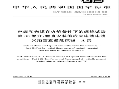 GB/T 18380.33-2022电缆和光缆在火焰条件下的燃烧试验 第33部分：垂直安装的成束电线电缆火焰垂直蔓延试验 A类 