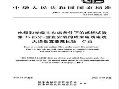 GB/T 18380.35-2022电缆和光缆在火焰条件下的燃烧试验 第35部分：垂直安装的成束电线电缆火焰垂直蔓延试验 C类 