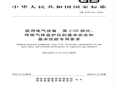 GB 9706.255-2022医用电气设备 第2-55部分：呼吸气体监护仪的基本安全和基本性能专用要求 