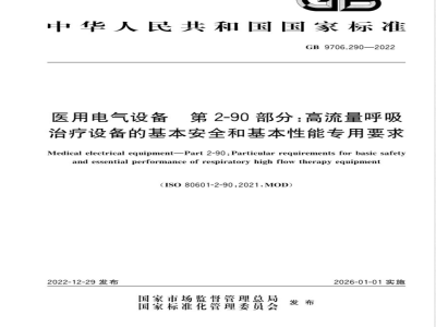 GB 9706.290-2022医用电气设备 第2-90部分：高流量呼吸治疗设备的基本安全和基本性能专用要求 