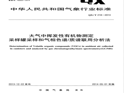 QX/T 218-2013大气中挥发性有机物测定采样罐采样和气相色谱/质谱联用分析法 