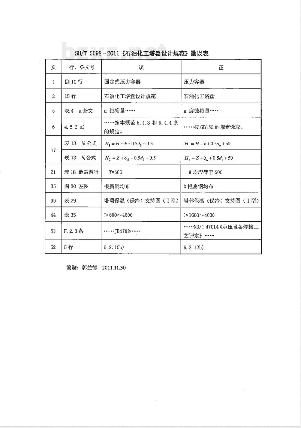 SH/T 3098-2011石油化工塔器设计规范 SH/T 3098-2011石油化工塔器设计规范