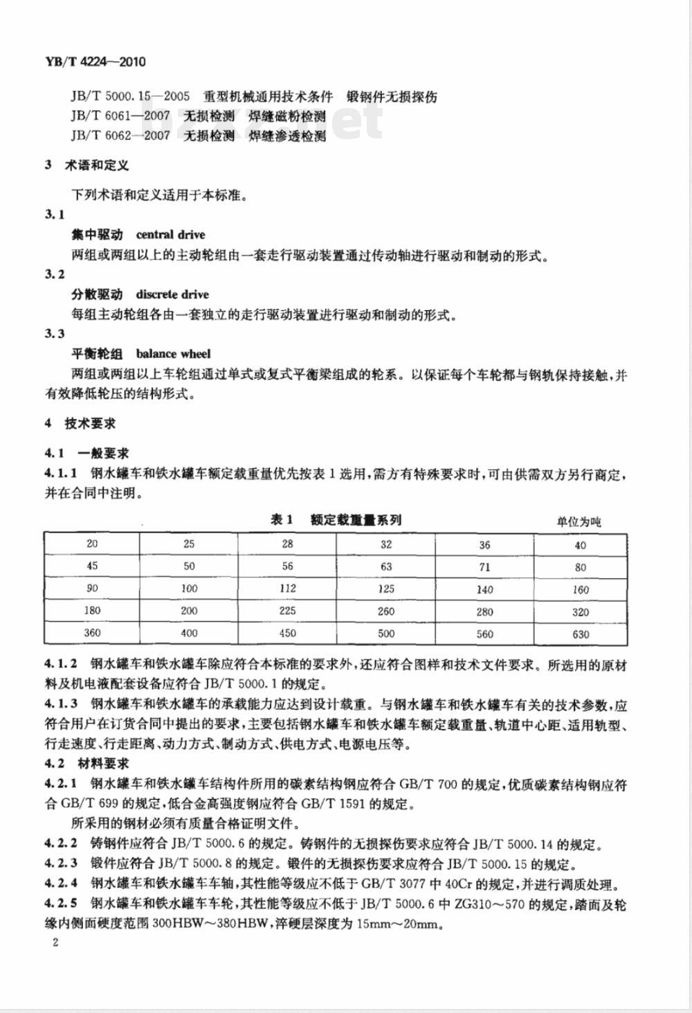 YB/T 4224-2010冶金用钢水罐车和铁水罐车技术规范 
