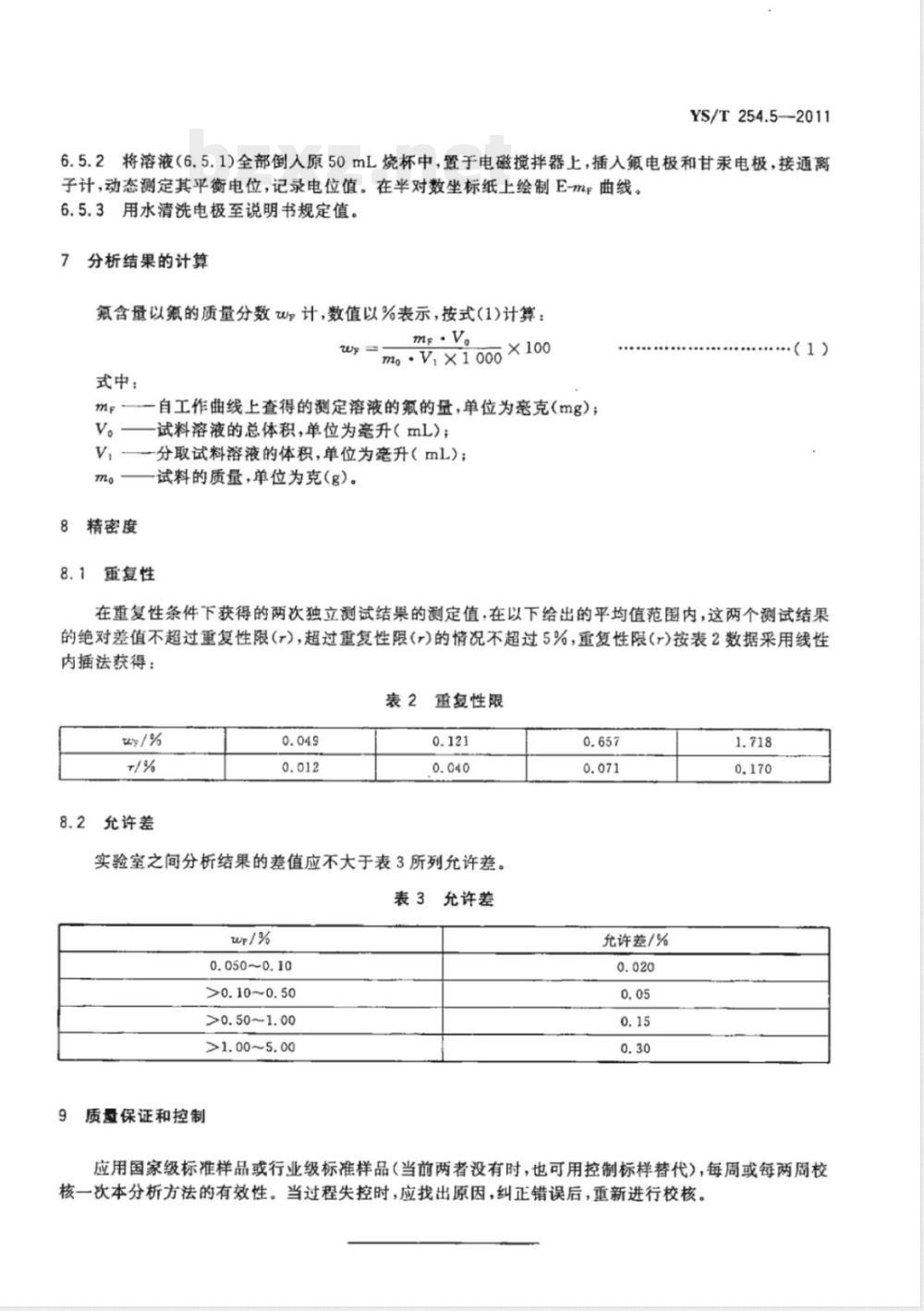 YS/T 254.5-2011铍精矿、绿柱石化学分析方法 第5部分:氟量的测定 离子选择电极法 YS/T 254.5-2011铍精矿、绿柱石化学分析方法 第5部分:氟量的测定 离子选择电极法