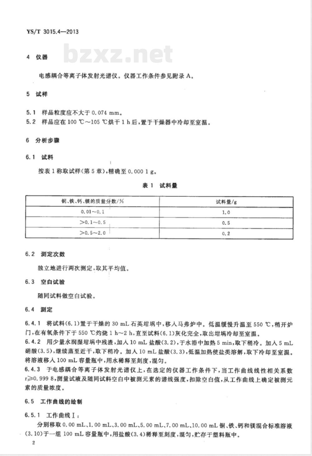 YS/T 3015.4-2013载金炭化学分析方法 第4部分:铜、铁、钙和镁量的测定 电感耦合等离子体发射光谱法 YS/T 3015.4-2013载金炭化学分析方法 第4部分:铜、铁、钙和镁量的测定 电感耦合等离子体发射光谱法