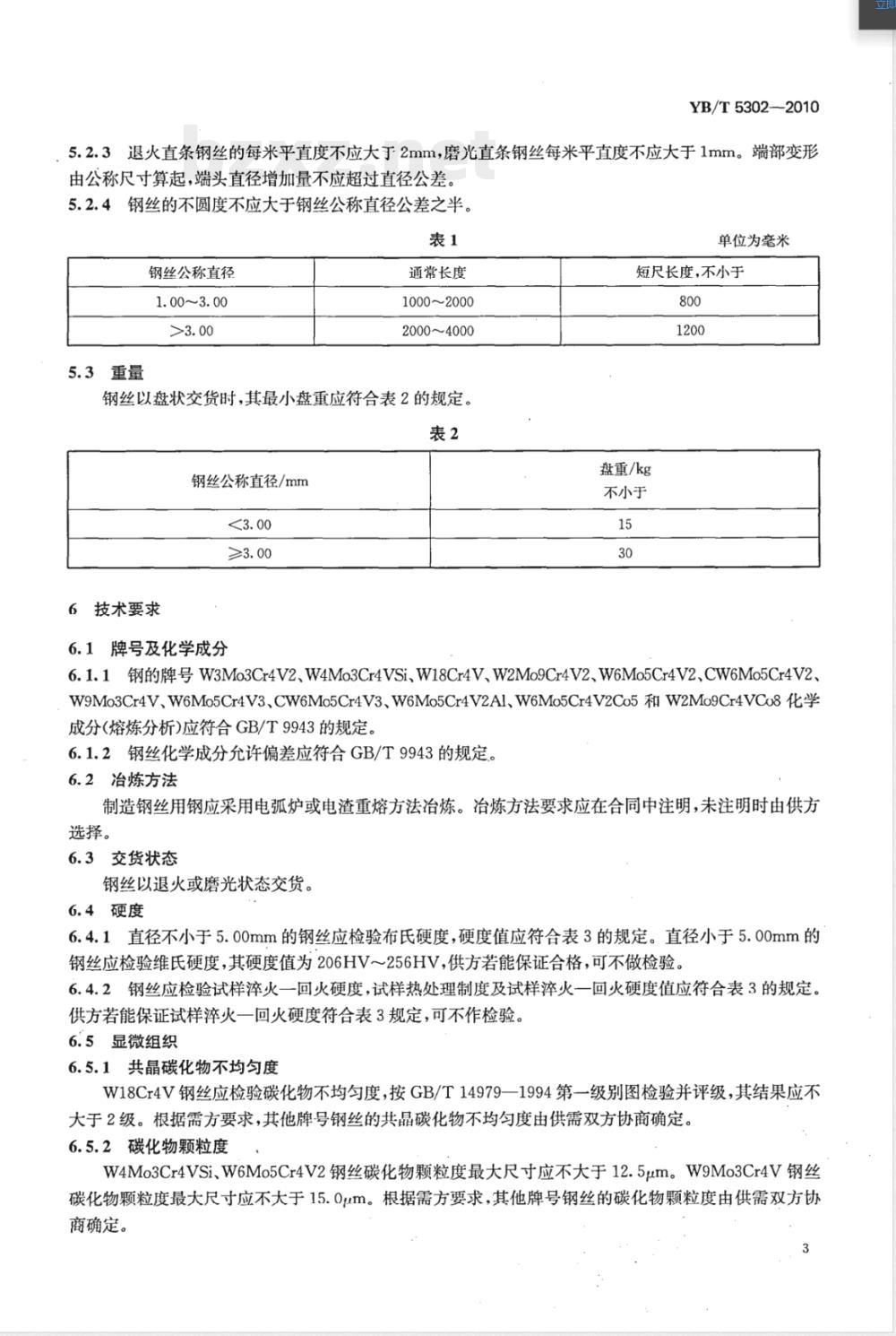 YB/T 5302-2010高速工具钢丝 YB/T 5302-2010高速工具钢丝