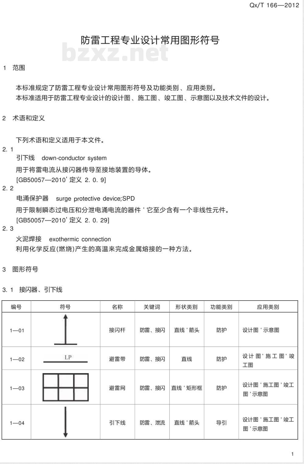 QX/T 166-2012防雷工程专业设计常用图形符号 