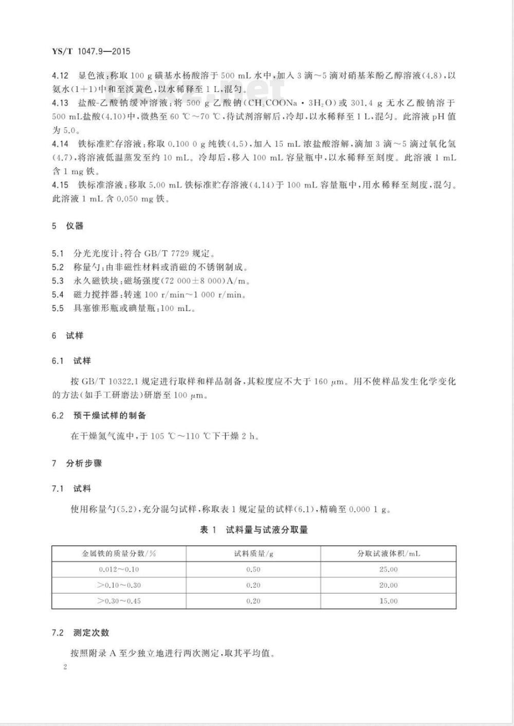 YS/T 1047.9-2015铜磁铁矿化学分析方法 第9部分：金属铁量的测定 磺基水杨酸分光光度法 