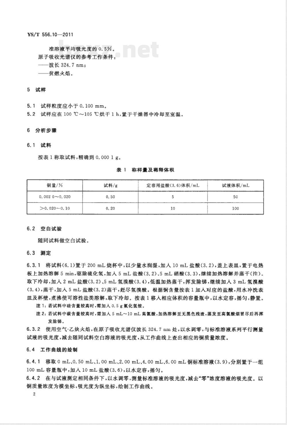 YS/T 556.10-2011锑精矿化学分析方法 第10部分：铜量的测定 火焰原子吸收光谱法 