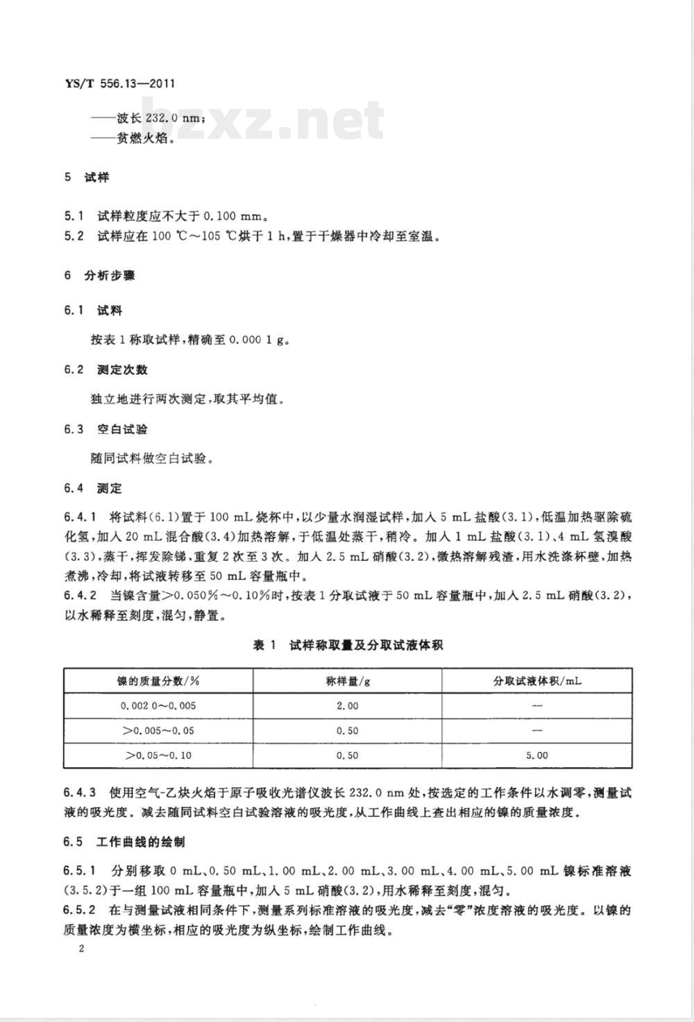 YS/T 556.13-2011锑精矿化学分析方法 第13部分：镍量的测定 火焰原子吸收光谱法 