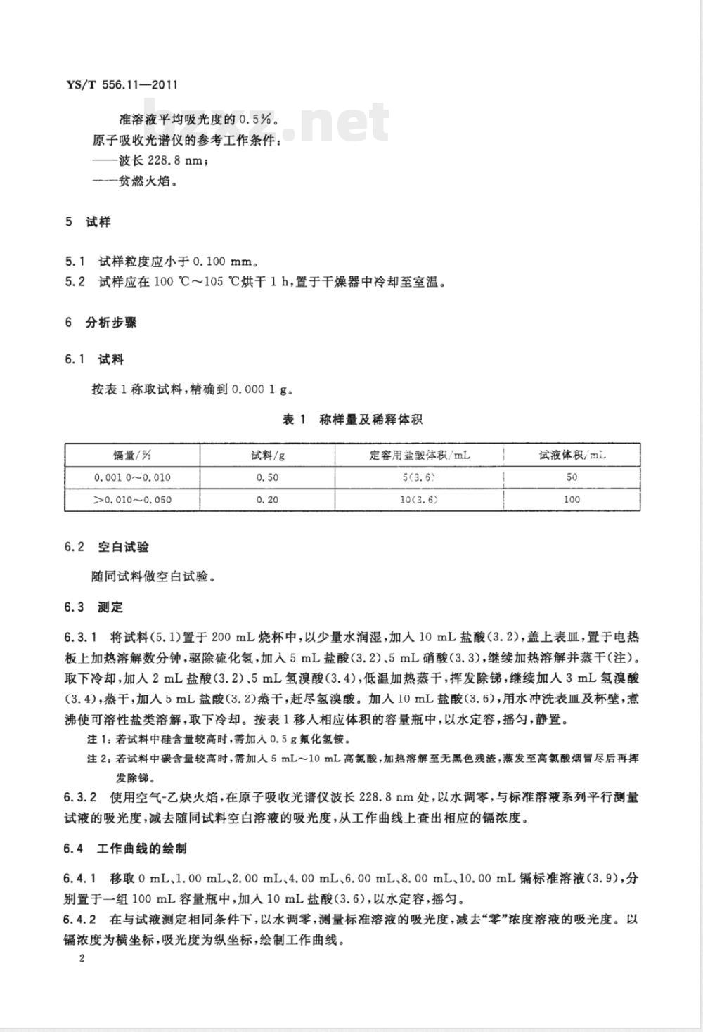 YS/T 556.11-2011锑精矿化学分析方法 第11部分：镉量的测定 火焰原子吸收光谱法 