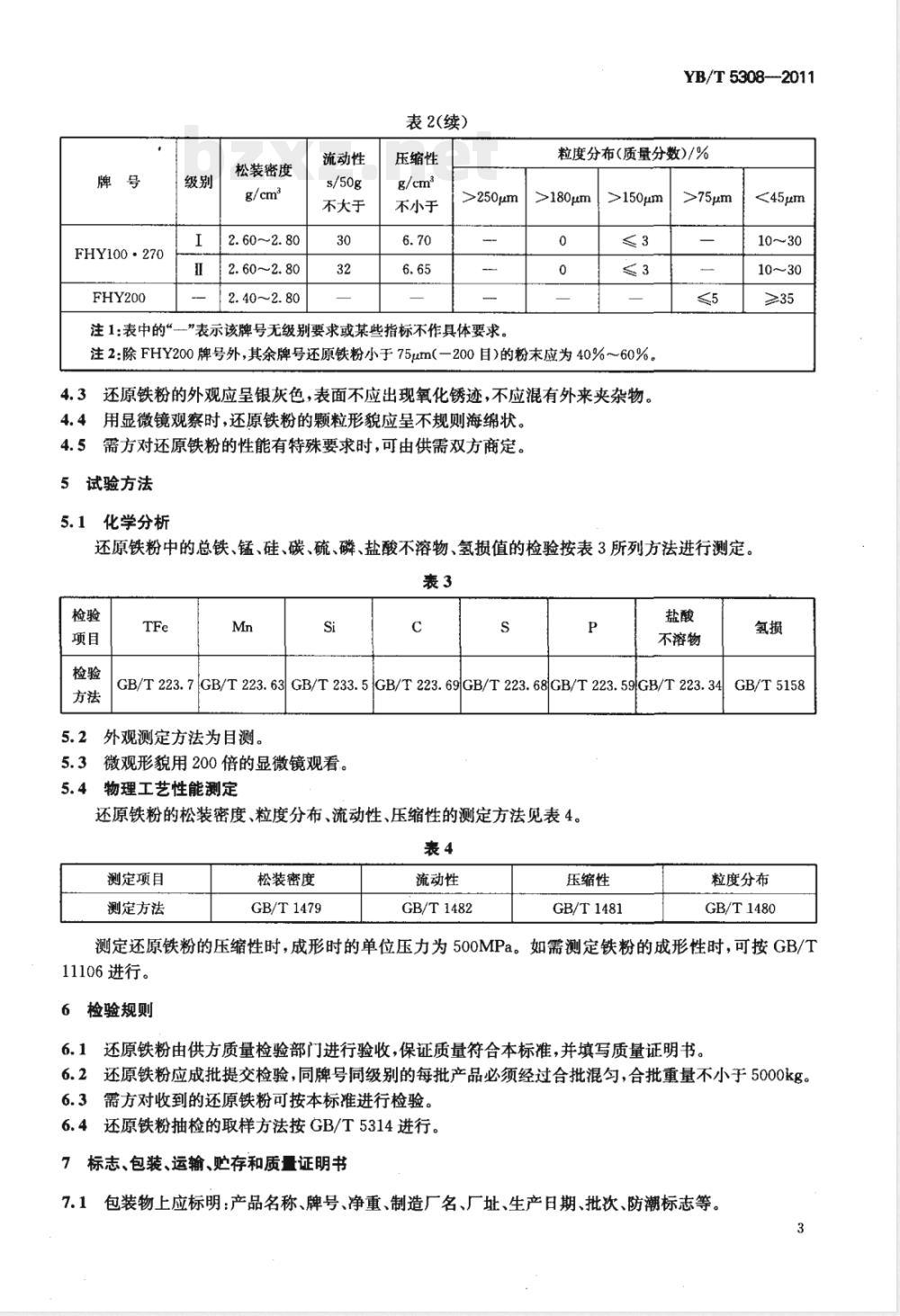 YB/T 5308-2011粉末冶金用还原铁粉 