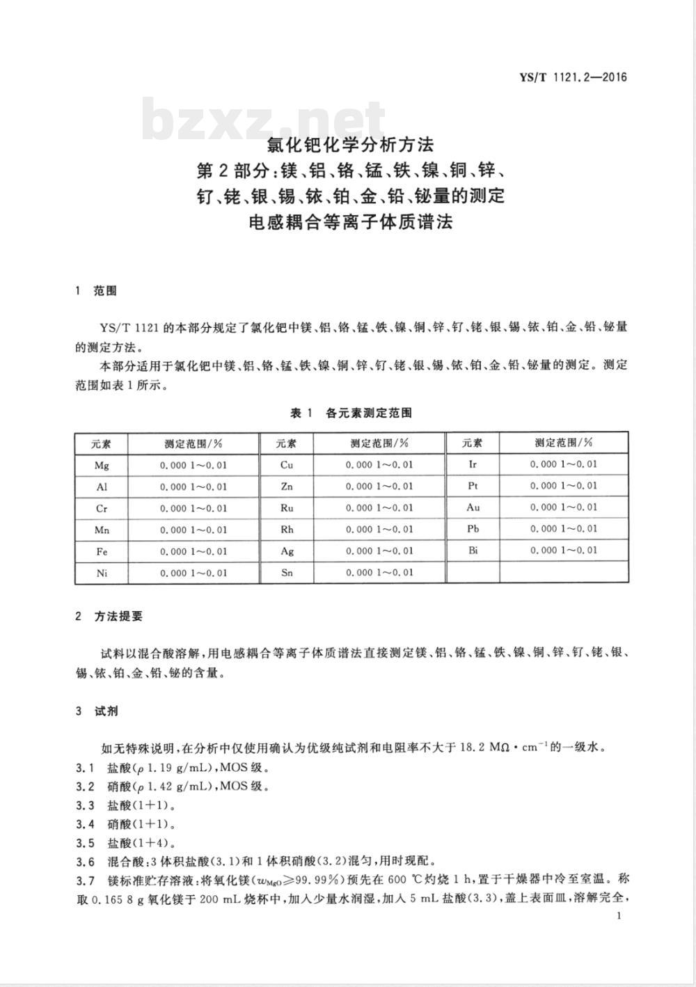 YS/T 1121.2-2016氯化钯化学分析方法 第2部分：镁、铝、铬、锰、铁、镍、铜、锌、钌、铑、银、锡、铱、铂、金、铅、铋量的测定 电感耦合等离子体质谱法 