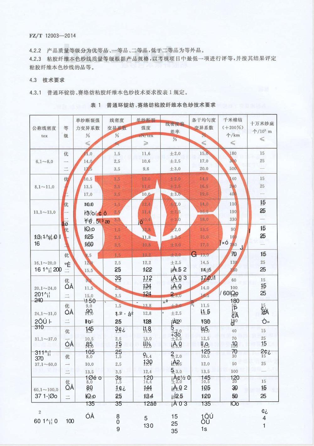 FZ/T 12003-2014粘胶纤维本色纱线 FZ/T 12003-2014粘胶纤维本色纱线