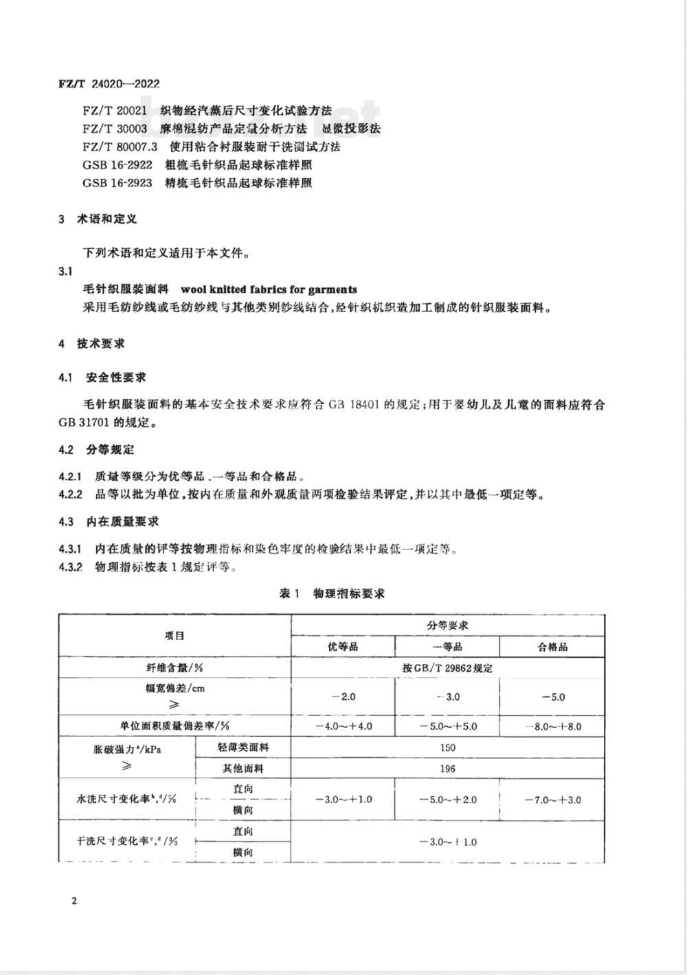 FZ/T 24020-2022毛针织服装面料 FZ/T 24020-2022毛针织服装面料