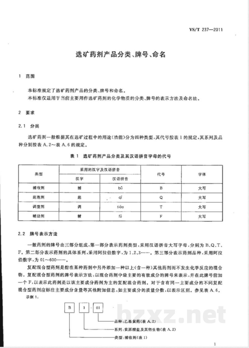 YS/T 237-2011选矿药剂产品分类、牌号、命名  YS/T 237-2011选矿药剂产品分类、牌号、命名