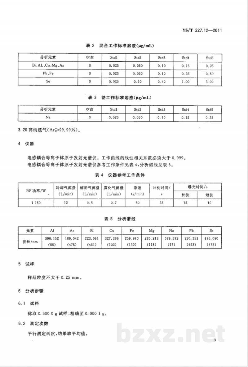 YS/T 227.12-2011碲化学分析方法 第12部分:铋、铝、铅、铁、硒、铜、镁、钠、砷量的测定 电感耦合等离子体原子发射光谱法 YS/T 227.12-2011碲化学分析方法 第12部分:铋、铝、铅、铁、硒、铜、镁、钠、砷量的测定 电感耦合等离子体原子发射光谱法