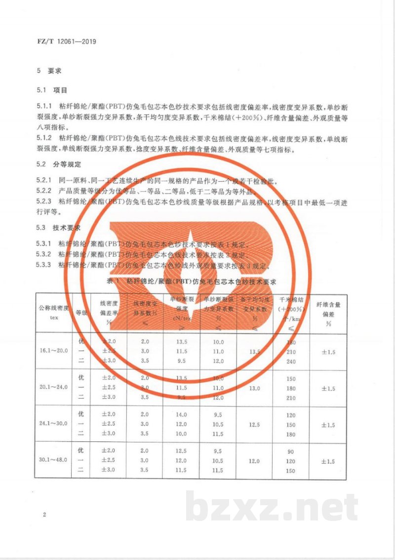 FZ/T 12061-2019粘纤锦纶/聚酯(PBT)仿兔毛包芯本色纱线 FZ/T 12061-2019粘纤锦纶/聚酯(PBT)仿兔毛包芯本色纱线