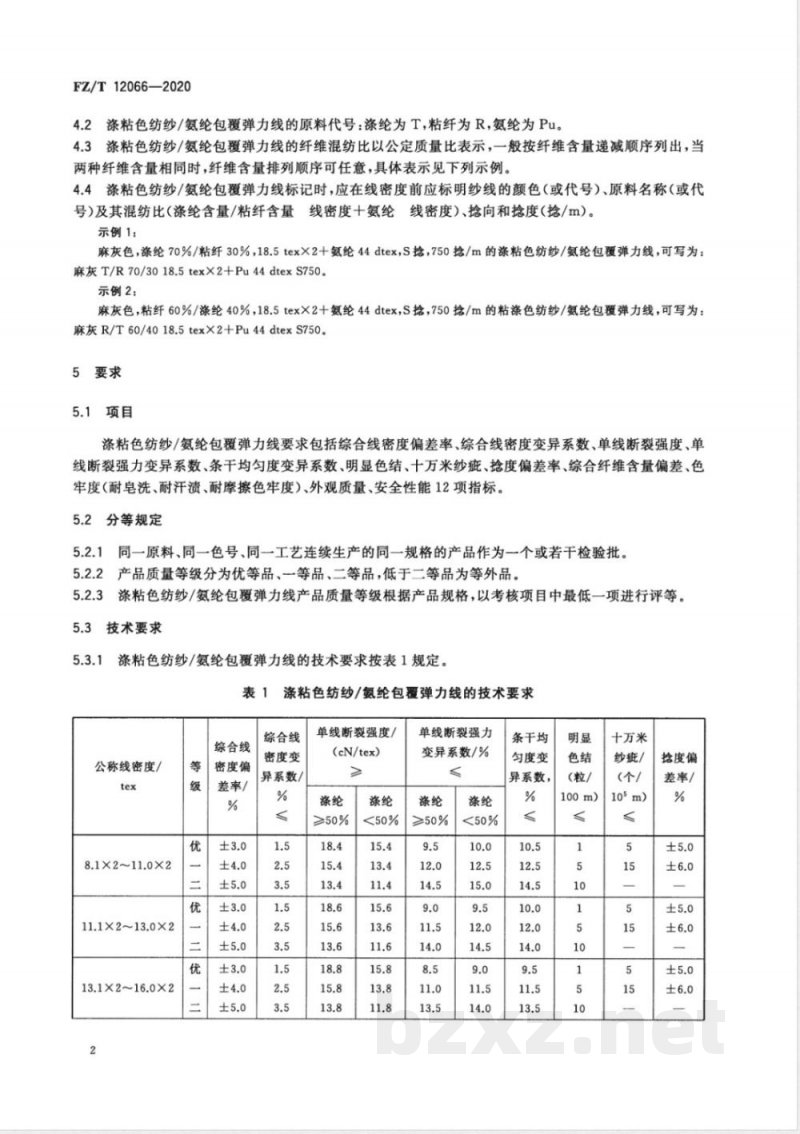 FZ/T 12066-2020涤粘色纺纱/氨纶包覆弹力线 FZ/T 12066-2020涤粘色纺纱/氨纶包覆弹力线