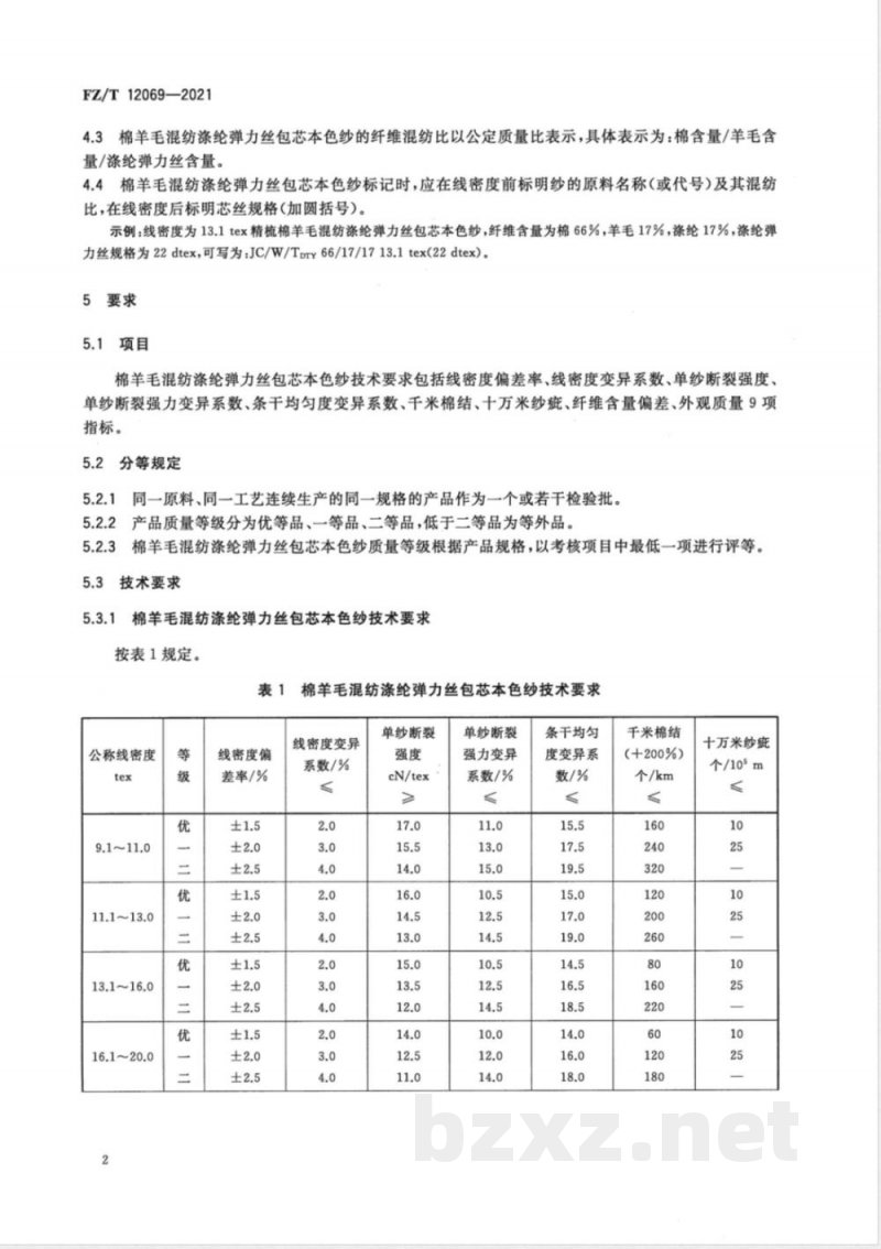 FZ/T 12069-2021棉羊毛混纺涤纶弹力丝包芯本色纱 FZ/T 12069-2021棉羊毛混纺涤纶弹力丝包芯本色纱