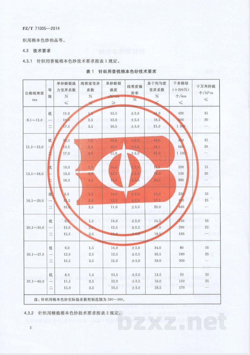 FZ/T 71005-2014针织用棉本色纱 FZ/T 71005-2014针织用棉本色纱