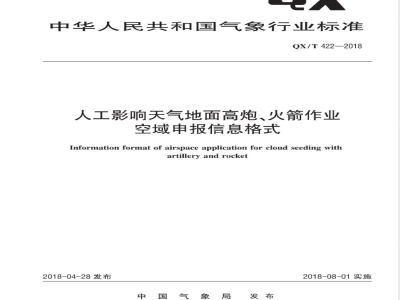 QX/T 422-2018人工影响天气地面高炮、火箭作业空域申报信息格式 