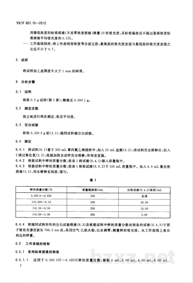 YS/T 807.10-2012铝中间合金化学分析方法 第10部分：钾含量的测定 火焰原子吸收光谱法 