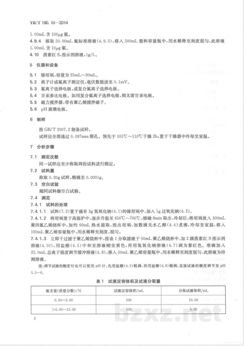 YB/T 190.10-2014连铸保护渣 氟含量的测定 离子选择电极法 YB/T 190.10-2014连铸保护渣 氟含量的测定 离子选择电极法