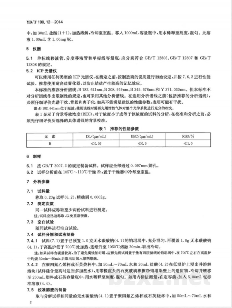 YB/T 190.12-2014连铸保护渣 三氧化二硼含量的测定 电感耦合等离子体原子发射光谱法 