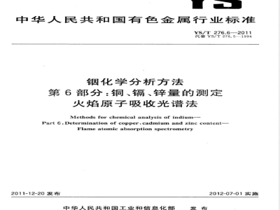 YS/T 276.6-2011铟化学分析方法 第6部分：铜、镉、锌量的测定 火焰原子吸收光谱法 