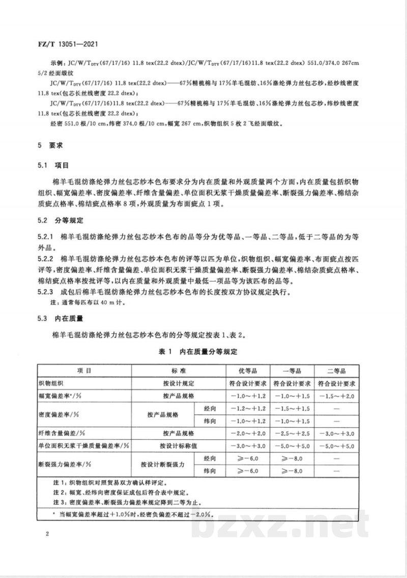 FZ/T 13051-2021棉羊毛混纺涤纶弹力丝包芯纱本色布 FZ/T 13051-2021棉羊毛混纺涤纶弹力丝包芯纱本色布