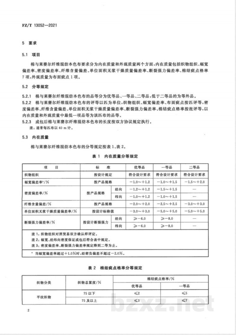 FZ/T 13052-2021棉与莱赛尔纤维混纺本色布 FZ/T 13052-2021棉与莱赛尔纤维混纺本色布
