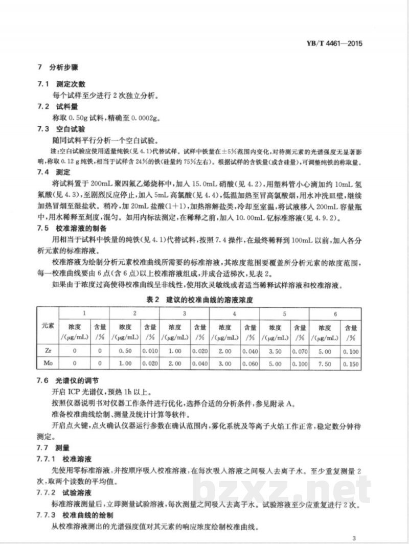 YB/T 4461-2015高纯硅铁 锆和钼含量的测定 电感耦合等离子体原子发射光谱法 YB/T 4461-2015高纯硅铁 锆和钼含量的测定 电感耦合等离子体原子发射光谱法