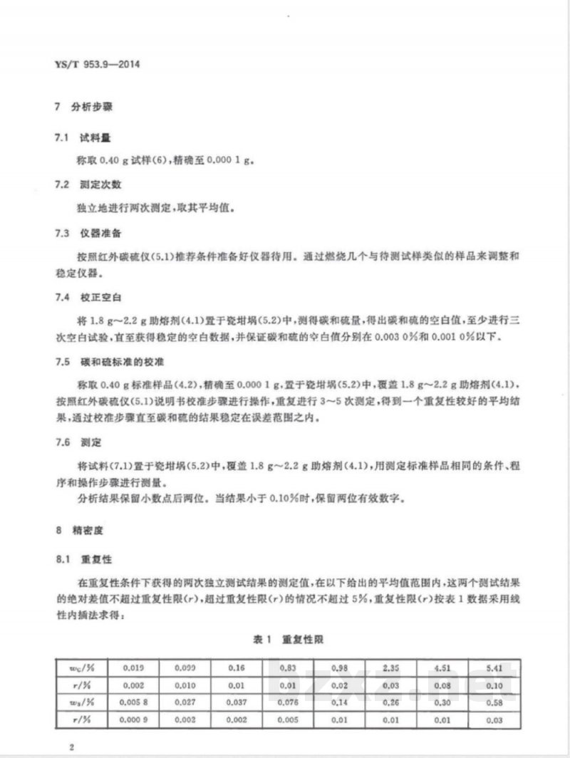 YS/T 953.9-2014火法冶炼镍基体料化学分析方法 第9部分:碳、硫量的测定 高频燃烧红外吸收法 YS/T 953.9-2014火法冶炼镍基体料化学分析方法 第9部分:碳、硫量的测定 高频燃烧红外吸收法