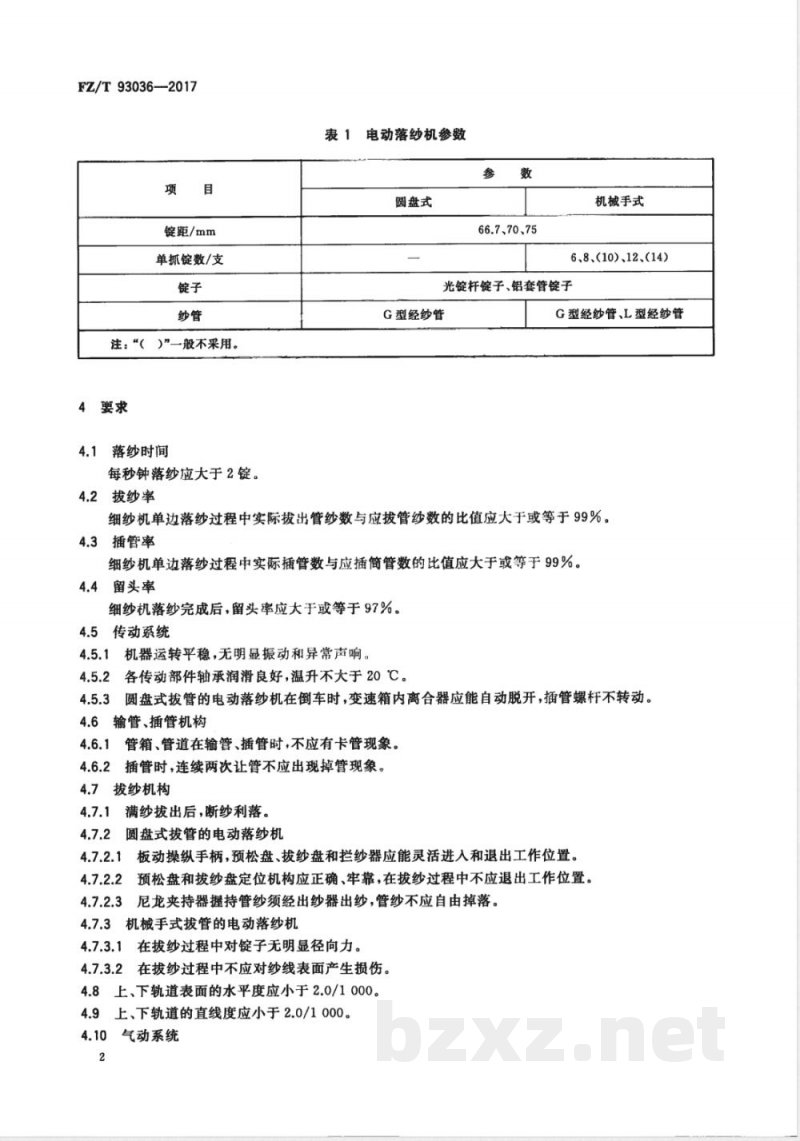 FZ/T 93036-2017电动落纱机 FZ/T 93036-2017电动落纱机