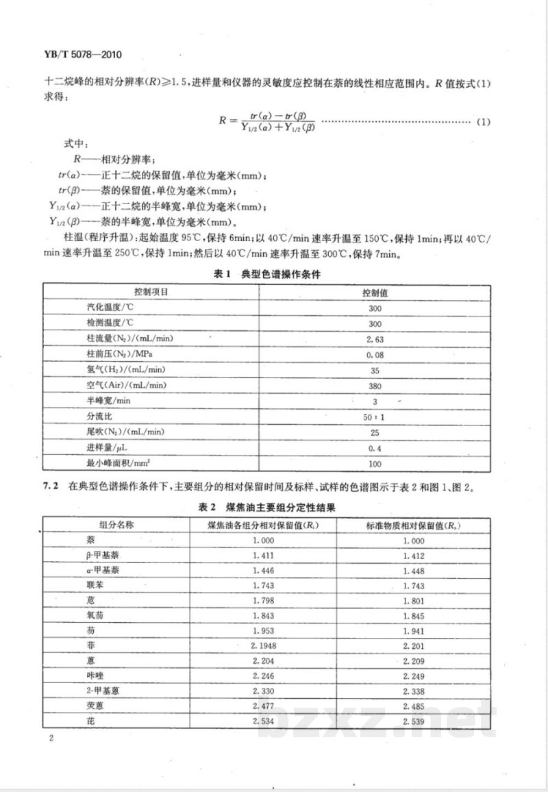 YB/T 5078-2010煤焦油 萘含量的测定 气相色谱法 