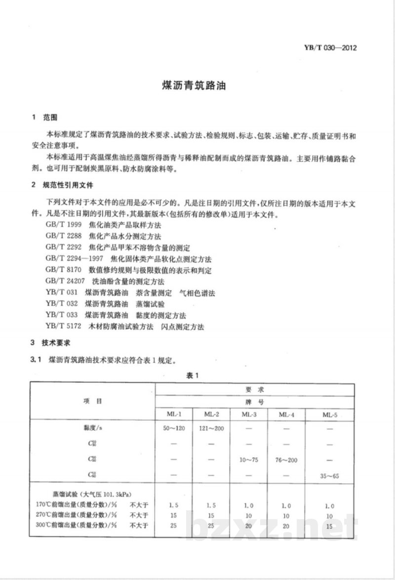 YB/T 030-2012煤沥青筑路油 