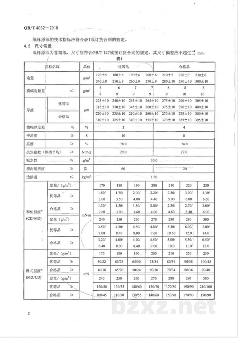 QB/T 4032-2010纸杯原纸 