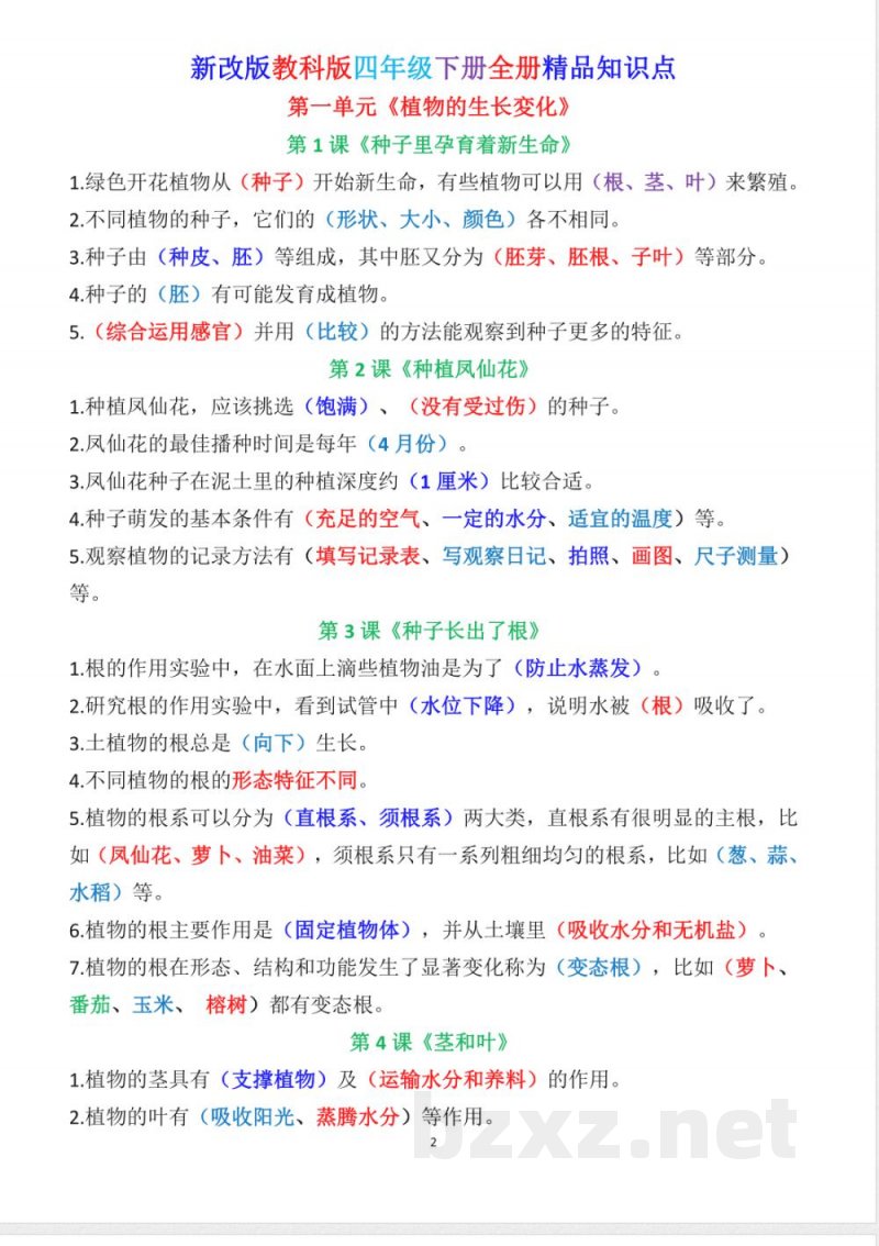 新改版教科版四年级下册科学全册知识点 (精简版)