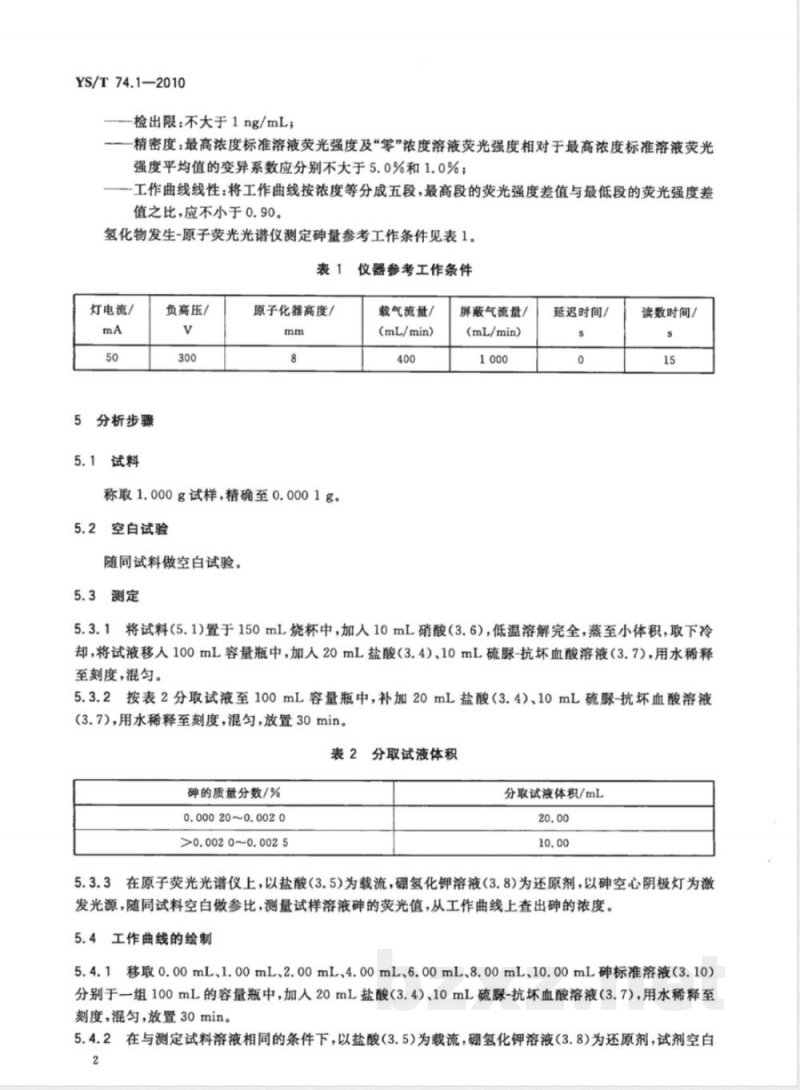 YS/T 74.1-2010镉化学分析方法 第1部分:砷量的测定 氢化物发生-原子荧光光谱法 YS/T 74.1-2010镉化学分析方法 第1部分:砷量的测定 氢化物发生-原子荧光光谱法
