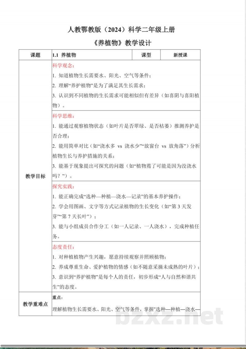 1.1 养植物(教学设计)科学人教鄂教版二年级上册新教材2025 1.1 养植物(教学设计)科学人教鄂教版二年级上册新教材2025
