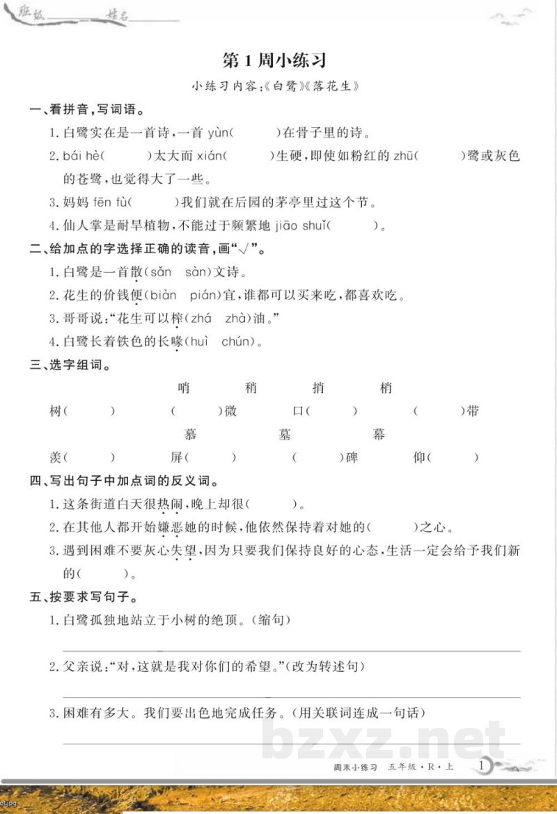 五年级上册语文周末练习 五年级上册语文周末练习