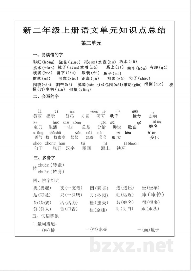 二年级上册语文单元知识点梳理 二年级上册语文单元知识点梳理