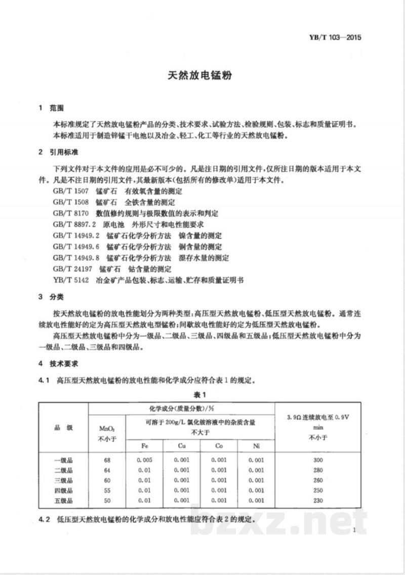 YB/T 103-2015天然放电锰粉 