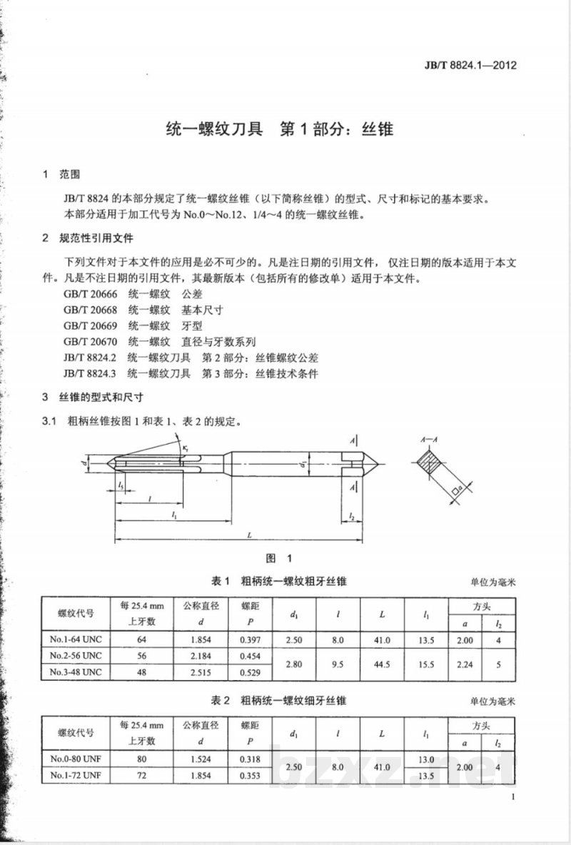 JB/T 8824.1-2012统一螺纹刀具 第1部分：丝锥 