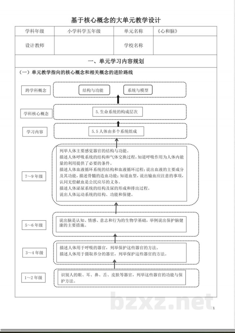 青岛版五年级科学下册第一单元心和脑大单元教学设计
