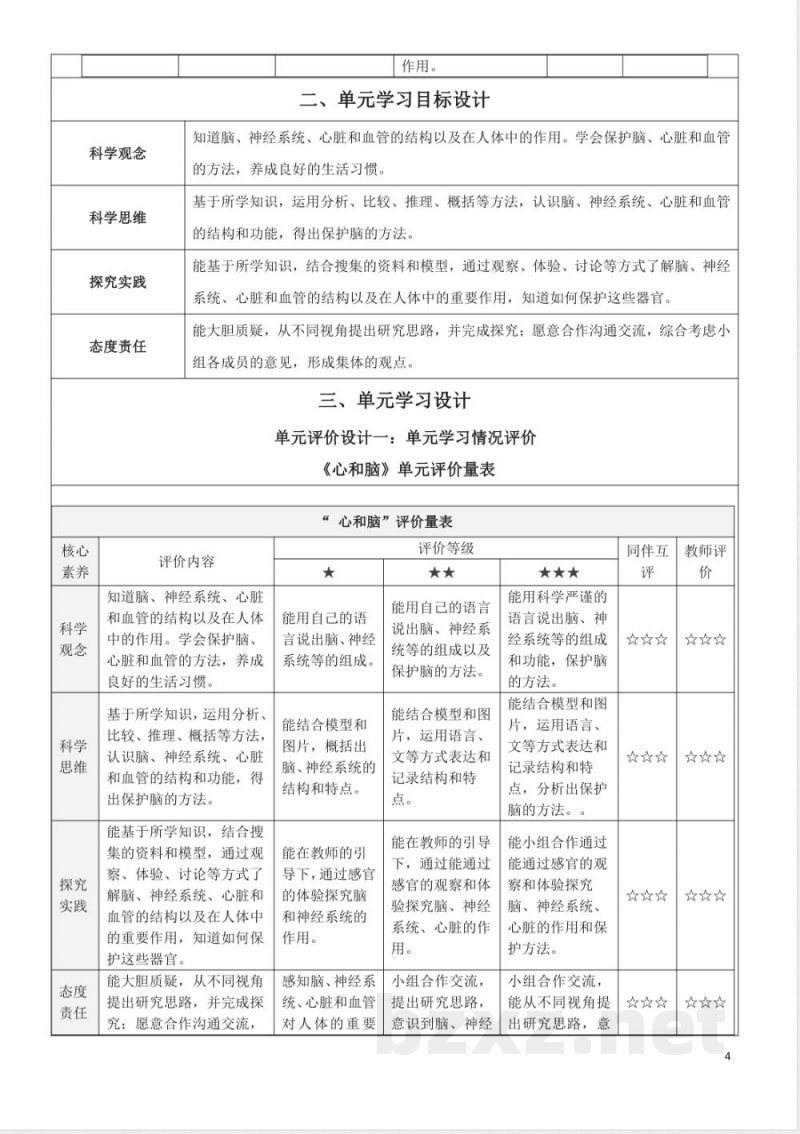 青岛版五年级科学下册第一单元心和脑大单元教学设计