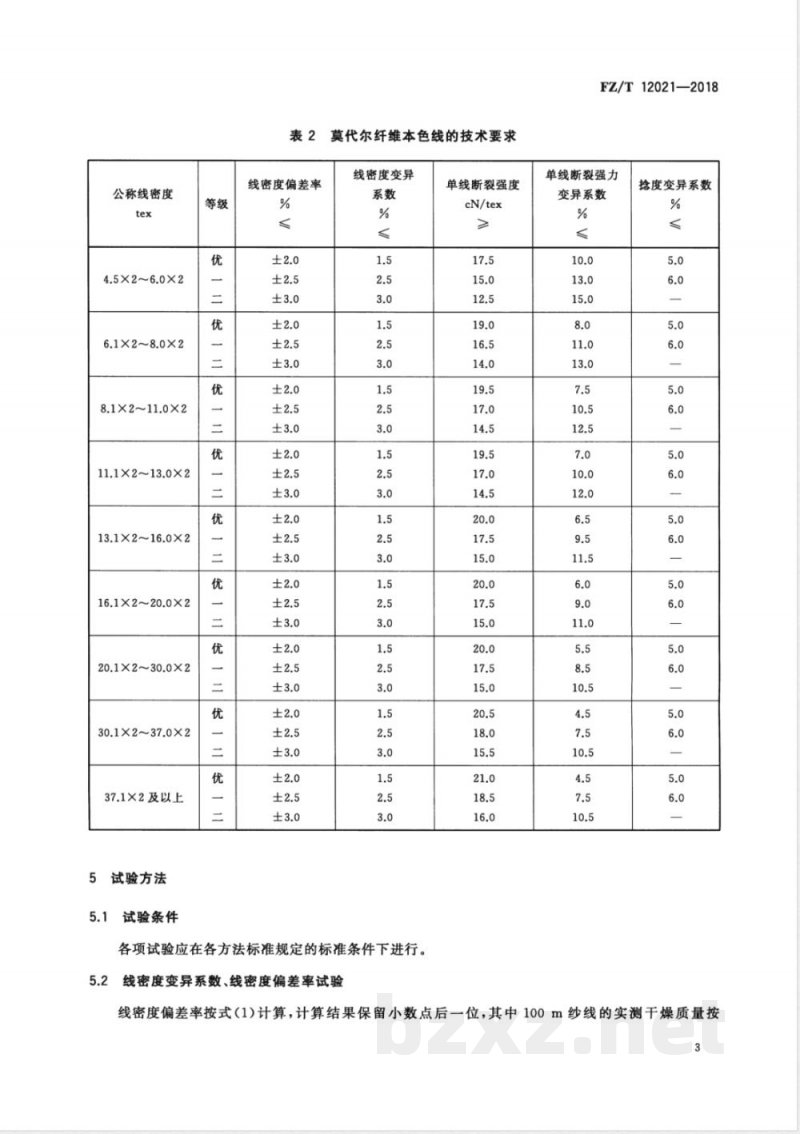 FZ/T 12021-2018莫代尔纤维本色纱线 