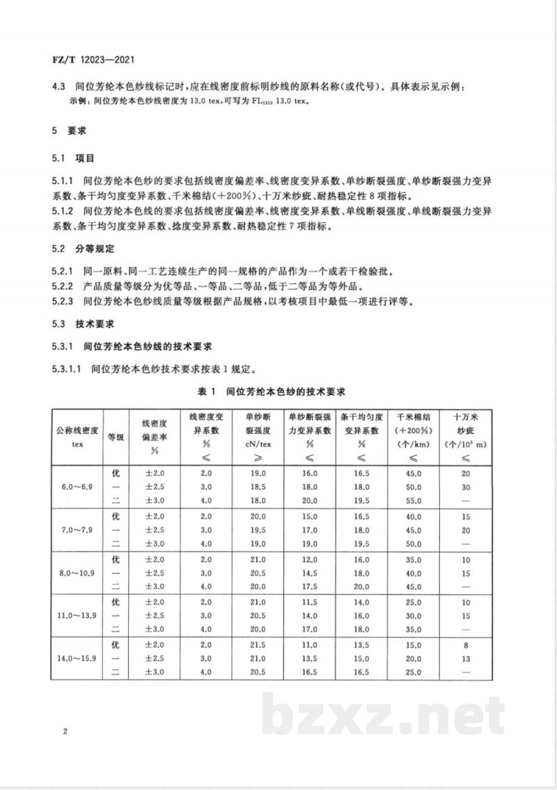 FZ/T 12023-2021间位芳纶本色纱线 